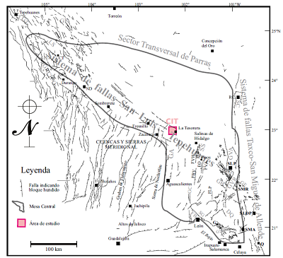 Ubicación del CIT, dentro del Sistemas de Fallas San Luis-Tepehuanes en el tramo Salinas de Hidalgo-Zacatecas, al suroriente se localiza la zona de Cuencas y Sierras meridional