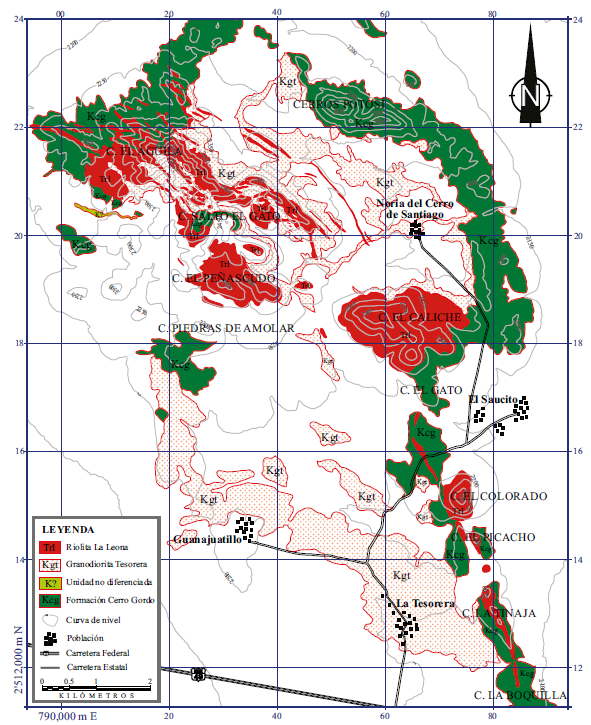 Mapa geológico del sistema de diques y domos de la riolita La Leona en el Complejo Ígneo La Tesorera. Localización del área dentro del cuadrante 13Q; coordenadas UTM, WGS84.