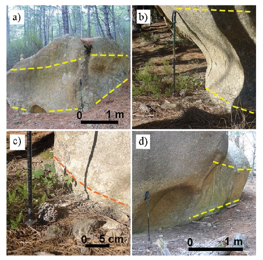 a) Vista frontal y lateral del bloque B2. b) Lateral bloque B4. c) Detalle de la fase 2 identificada en el lateral del B4. d) Lateral del B11.