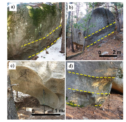 a) Vista lateral del bloque B14. Se observa la presencia de tafoni localizados entre las fases erosivas 1 y 2 que han continuado evolucionando en condiciones aéreas.