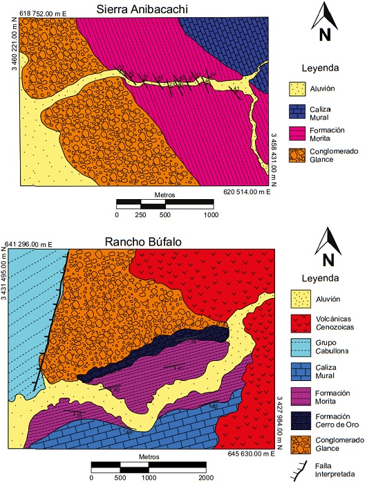 Mapas geol&oacute;gicos de las &aacute;reas de Sierra Anibacachi (arriba) y Rancho B&uacute;falo (abajo).