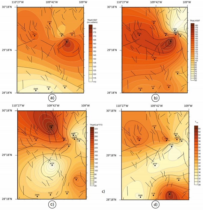 Distribution map showing the most attractive geothermal zones (NW and NE) based on the most reliable reservoir temperature approaches (inferred from the solute geothermometers): a) TNaKVS97; b) TNaLiVS97; and c) TNaKCaFT73. The distribution of the surface temperatures measured in the four hy- drothermal zones is also plotted as reference (d).
