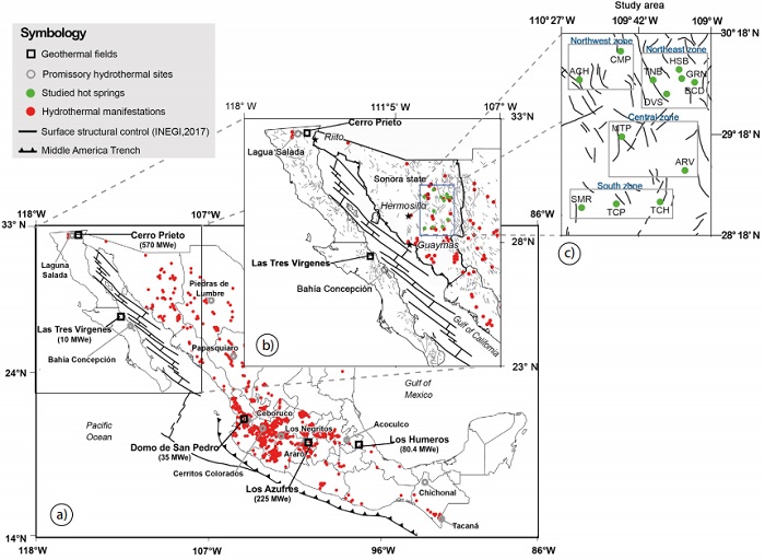 a) General map showing the current geothermal fields under exploitation and promissory hydrothermal sites of Mexico; b) Projected simplified map of Sonora state; c) Study area and location of the sampled thermal springs in four zones: Huasabas (HSB), Bacadehuachi (BCD), Cumpas (CMP), Granados (GRN), Arivechi (ARV), San Marcial (SMR), Tecoripa (TCP), Tonichi (TCH), Divisaderos (DVS), Tonibabi (TNB), Matape (MTP), and Aconchi (ACH).