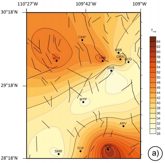 Distribution of physicochemical parameters measured in the hot spring waters of the Sonora geothermal system: (a) temperature, (b) pH, and (c) electrical conductivity.