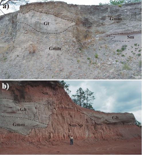 Fluvial System of the Yolom&eacute;catl Formation: Channel lag deposits. a) and b) show conglomerate lenses formed by channel lag conglomerate deposits filling scours on fine-grained lacustrine strata.