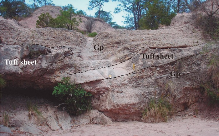 La Cascadita outcrop. It shows tuff sheets (featureless zones) inter- bedded with conglomerate strata (Gp) of different clast size; the upper ones are finer-grained than the lower ones.