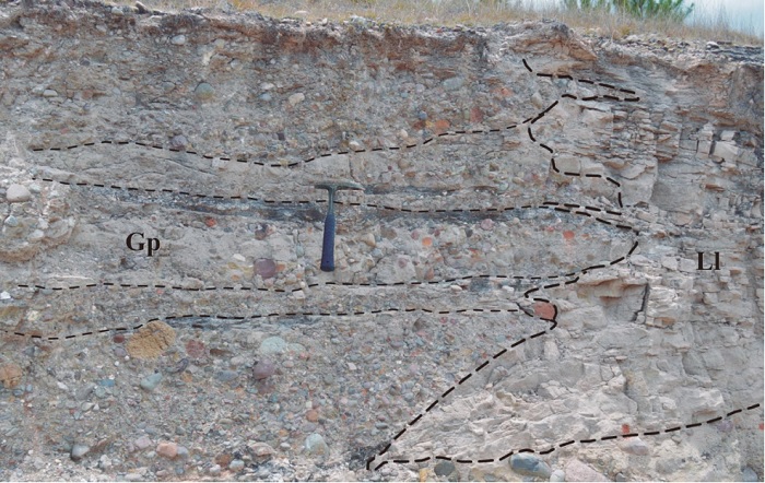 Intertonguing of coarse (conglomerate) and fine-grained (lake shore) strata that illustrates advance and retreat of the lake shore.