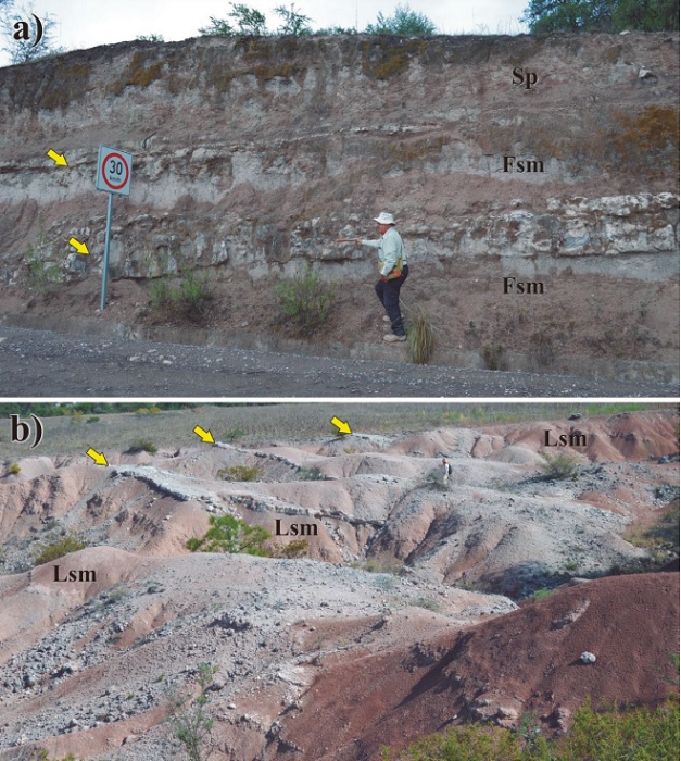 Pyroclastic System: Pyroclastic sheets (exposed as ridges or cuestas). a) Shows tuff sheets (marked by yellow arrows) intercalated in an offshore lake sequence. b) Depicts the badlands geomorphology, here dominated by small cuestas bound by cliffs developed in places where the friable beds overlying tuff sheets (marked by yellow arrows) have been largely eroded away, and the underlying ones could not recede beyond the tuff sheets margins.