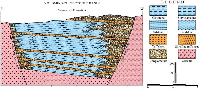 Schematic reconstruction of the depositional systems of the Yolom&eacute;catl Formation some time during the late Eocene. Notice that this formation fills the namesake tectonic basin. The coarse conglomeratic deposits (largely alluvial fans) lie adjacent to fault planes, the eastern ones are greater and better developed than the western ones; both intertongue fine-grained lacustrine strata, and are sparsely interbedded by tuff sheets.