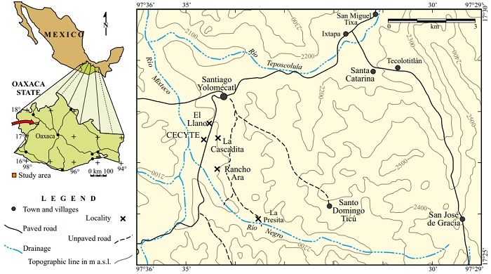 Index map of Oaxaca showing the location of the Yolom&eacute;catl area, northwestern Oaxaca, Mexico (pointed by the arrow), as well as the villages, rivers and sites mentioned in the text.