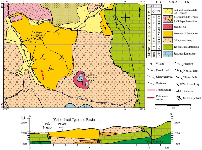 a) Geologic map and b) Structural section of the Yolom&eacute;catl area, northwestern Oaxaca, Mexico. Notice that the Yolom&eacute;catl Formation is preserved in the namesake tectonic basin.