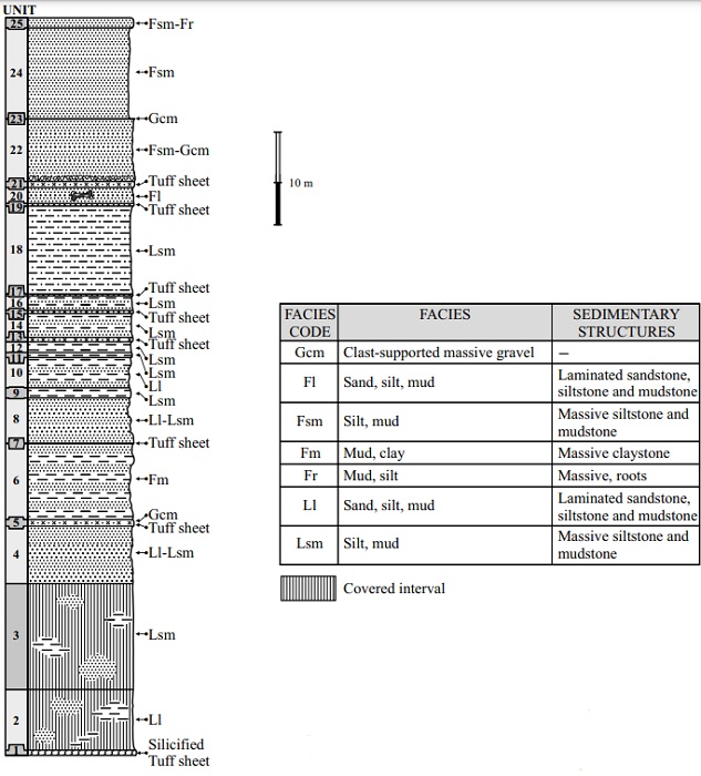Schematic representation of the Yolom&eacute;catl Formation stratotype, northwestern Oaxaca, Mexico, slightly modified to include the fluvial (Miall, 2006) and lacustrine lithofa- cies (this work) codes. The latter was generated following Miall&rsquo;s (2006) criteria. The small, punctuated areas indicate isolated outcrops within the given interval.