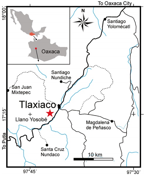 Map of Tlaxiaco showing the position of the Llano Yosobé (modified from Barrientos-Lara et al., 2015, fig. 1).