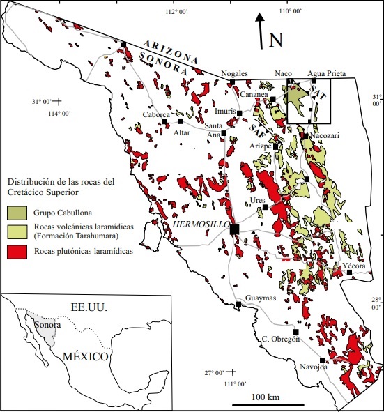 Mapa geolog&iacute;a regional del &aacute;rea de estudio (modificado de Gonz&aacute;lez-Le&oacute;n et al., 2017a).