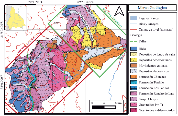 Mapa geológico de elaboración propia, mediante la interpretación geológica de campo y utilizando la Carta Geológica de Cerro Aconcagua (3369-I SEGEMAR) como base para la interpretación.