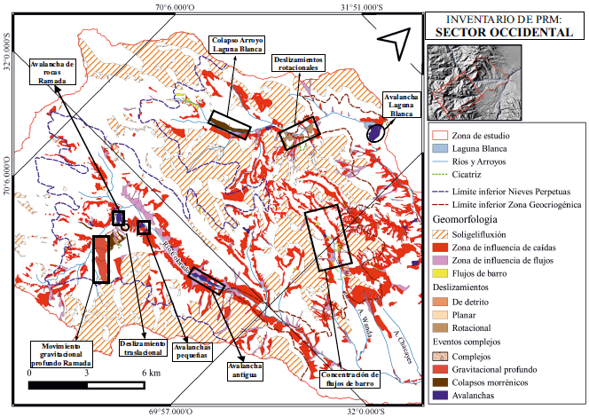 Mapa inventario resultante de los PRM del sector occidental del área de estudio.