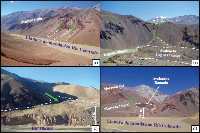 Avalanchas de roca: a) avalanchas pequeñas sobre el Río Colorado a partir de afloramientos del Grupo Choiyoi afectado por erosión glacial; b) avalanchas del arroyo Laguna Blanca generando la laguna homónima remarcando sus arranques; c) avalancha de roca con zona de arranque afectado por alteración hidrotermal que le otorga mayor movilidad, viajando cerca de 2 km para terminar cortando al Río Blanco, sin evidencias de represamiento prolongado y d) avalancha de rocas Ramada sobre la morrena lateral paralela al Río Colorado, proveniente del afloramiento a 45° de la Formación Rancho de Lata.