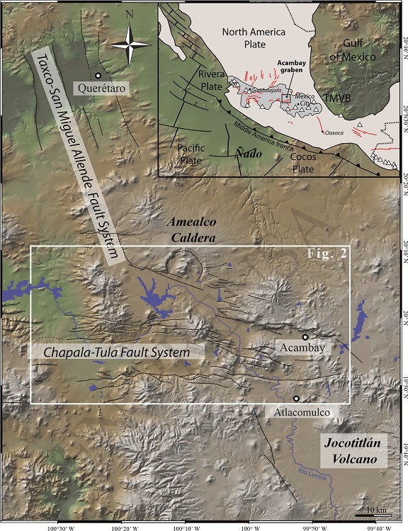 Geomorpho-structural map of the Acambay graben intersecting the Taxco-San Miguel Allende fault system. Inset shows the location of the study area in the Trans-Mexican Volcanic Belt (TMVB). TR: Tehuantepec ridge.