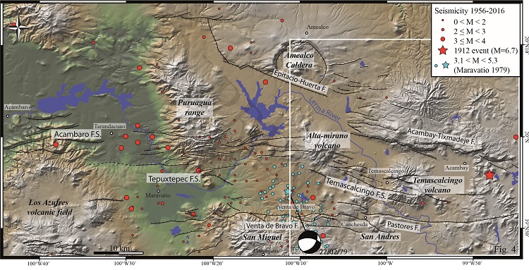Sismotectonic map of the Acambay graben showing active faults and major volcanic edifices. Modified from Lacan et al. (2018).