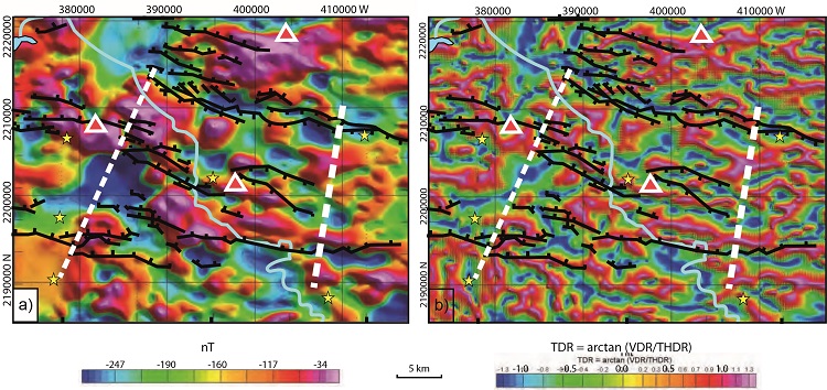 a) Residual of the total magnetic field (RTMF) chart of the Acambay graben; b) Tilt chart of the RTMF for the same area. Fault traces are from Lacan et al. (2013a), triangles represent volcanic edifices, stars cities and towns, pale blue line across the graben represents the Lerma river, the thin dashed line is a ground gravity profile and the thick dashed line is the interpreted magnetotelluric, and coincident gravity and magnetic profiles. TDR: Tilt Derivative of the RTMF; Vertical Derivative of the RTMF; THDR: Total Horizontal Derivative of the RTMF.