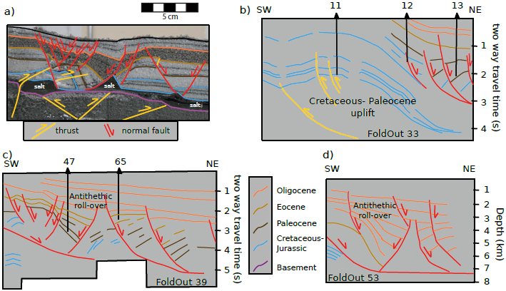 a) Closeup of the model results in the extensional zone showing the formation of an antithethic rollover controlled by gliding of the prekinematic layer; in the model, the location of the roll-over was controlled by the basement uplift. b) Line drawing of a time profile in the Burgos Basin showing the relations observed between orogenic uplift and extension. c), d) Line drawings of seismic profiles in the Burgos Basin essentially parallel to the salt tectonic systems showing the presence of an antithethic roll-over parallel to the buried orogenic front. b), c), and d) are redrawn images from the work of Pérez-Cruz (1992, foldouts 35, 39, and 53), not set to a rigorous scaling and vertical exaggeration; numbers refer to the exploratory wells used by the author to constrain the chronostratigraphy of the seismic sections.