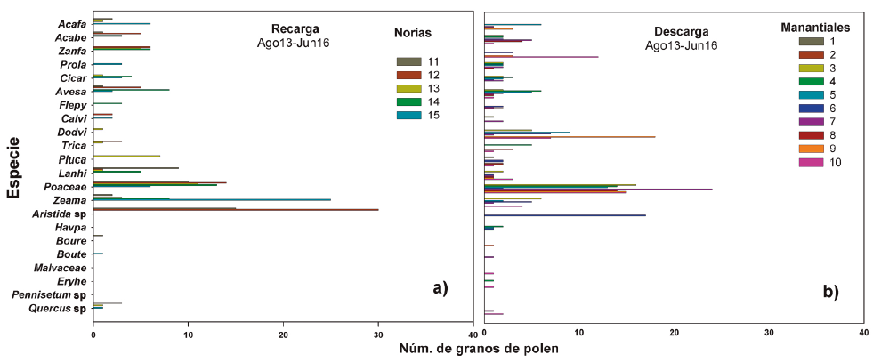 Especies identificadas vs. el número de granos de polen presentes en muestras de agua subterránea colectadas de (a) norias de la zona de recarga y (b) manantiales de la zona de descarga, en el periodo de agosto de 2013 a junio de 2016. Las abreviaturas de los nombres de las especies se definen en la Tabla 2 y la localización de los sitios de muestreo se presenta en las Figuras 1 y 2.