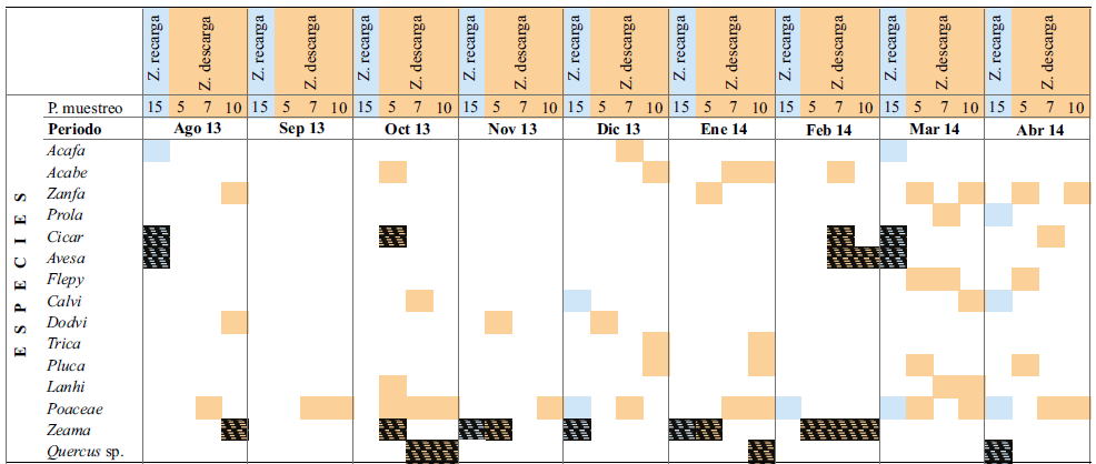 Especies presentes en diferentes puntos de muestreo siguiendo la ruta G2 de conexión hidráulica de la zona de recarga a la de descarga. Las celdas con líneas diagonales indican las especias que fueron utilizadas como trazadores. Las abreviaturas de los nombres de las especies se definen en la Tabla 2.