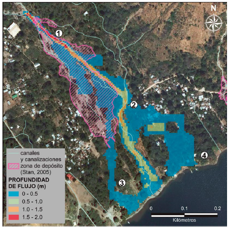 Profundidades de flujo máximas acumuladas en la modelización del escenario 1.