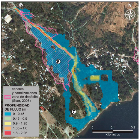 Profundidades de flujo máximas acumuladas en la modelización del escenario 2.
