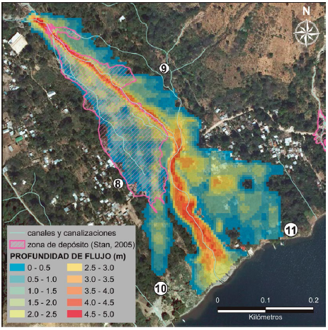 Profundidades de flujo máximas acumuladas en la modelización del escenario 3.