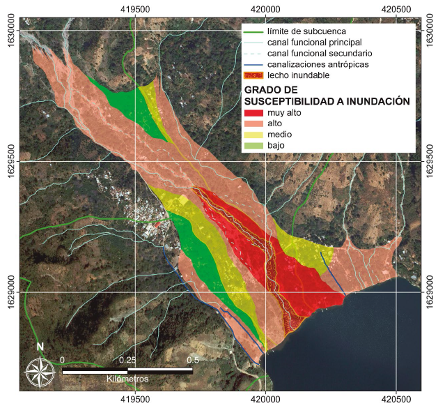 Mapa Integrado de Susceptibilidad a Inundación (MISI) desarrollado a partir del método geomorfológico y de la modelización con FLO-2D. Sistema geográfico de referencia: GTM (Guatemala Transversa Mercator) / Datum: WGS 1984.