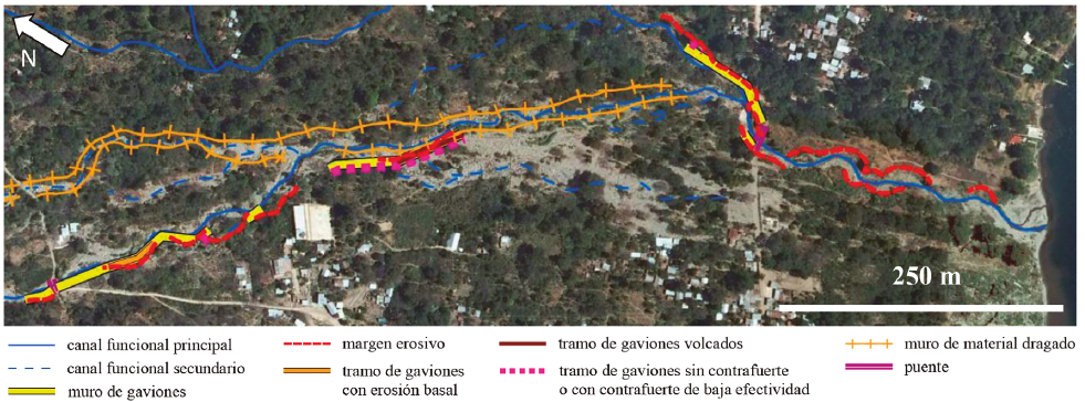 Mapa de tipología de muros y márgenes. Ampliación del tramo bajo del canal principal (ver Figura 1d).