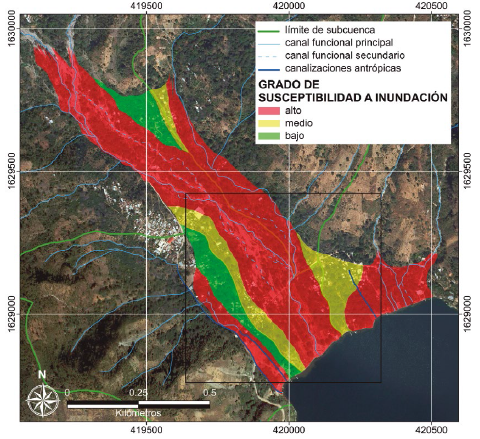 Mapa de Susceptibilidad a Inundación (MSI). El recuadro negro indica la zona representada en las Figuras 9, 10 y 11. Sistema geográfico de referencia: GTM (Guatemala Transversa Mercator) / Datum: WGS 1984.