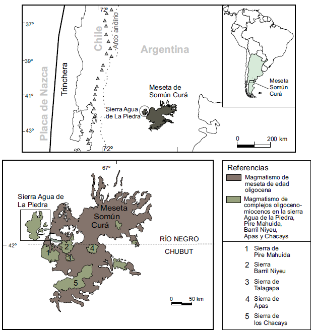 Mapa de ubicaci&oacute;n de la Sierra Agua de la Piedra en el contexto de la Provincia Magm&aacute;tica Som&uacute;n Cur&aacute; con los principales elementos tect&oacute;nicos del norte de la Patagonia. Se destaca la localizaci&oacute;n perif&eacute;rica de los Complejos Volc&aacute;nicos Agua de la Piedra, Pire Mahuida, Chacays y Telsen y la disposici&oacute;n en sectores centrales de los complejos Apas, Barril Niyeu y Alta Sierra de Som&uacute;n Cur&aacute;.