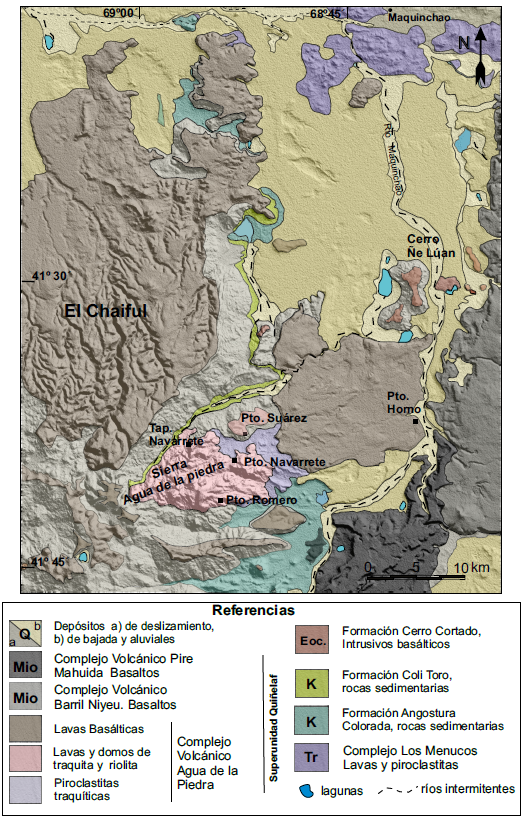 Mapa geol&oacute;gico del Complejo volc&aacute;nico Agua de la Piedra, modificado de Remesal et al., (2002) con superposici&oacute;n de sombras calculadas de un modelo digital de elevaci&oacute;n.