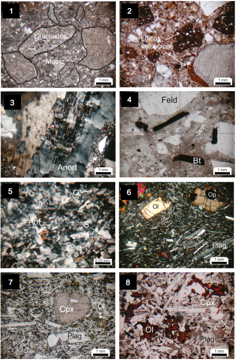 Mosaico de fotomicrograf&iacute;as de algunas muestras de las unidades volc&aacute;nicas estudiadas por microscopia &oacute;ptica.