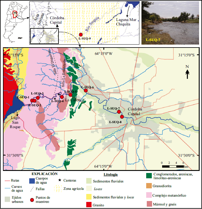 Ubicaci&oacute;n de la cuenca del r&iacute;o Suqu&iacute;a, caracter&iacute;sticas litol&oacute;gicas y localizaci&oacute;n geogr&aacute;fica de los puntos de muestreo.