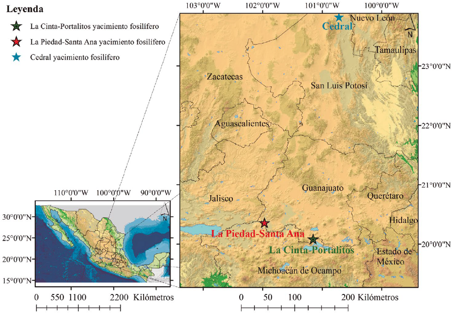 Localizaci&oacute;n geogr&aacute;fica de La Cinta-Portalitos, La Piedad-Santa Ana y Cedral, yacimientos fosil&iacute;feros en estudio con restos de &eacute;quidos del Pleistoceno tard&iacute;o en M&eacute;xico.
