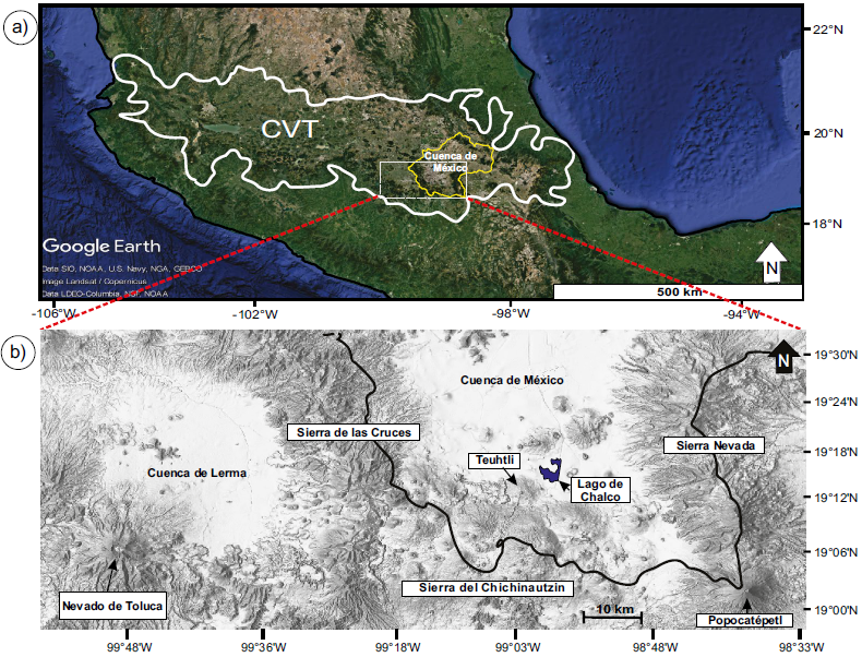 Ubicación del lago de Chalco. a) Cinturón Volcánico Mexicano. b) Cuencas de México y Lerma. Se indica la ubicación del volcán Nevado de Toluca, así como los volcanes Popocatépetl y Teuhtli, y el campo volcánico monogenético Chichinautzin en la región sur.