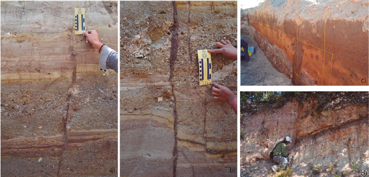 a), b) Vertical displacement and filled cracks with recent material in TRSPA1; c) filled crack or neptunian dike in TRSPA3; d) displacement of the San Pedro fault. Structures corresponding to intensities VII-X in ESI-2007.