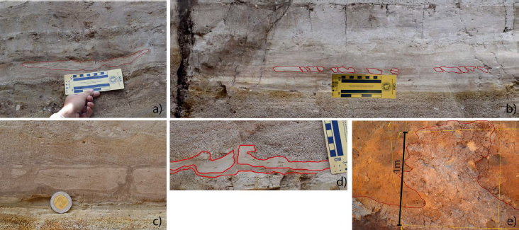 Deformational structures considered sesimites, corresponding to a) and b) pseudonodules (ESI2007-VIII); c) and d) clastic dikes (ESI2007-VIII), all of these, identified in TRSPA1; e) diapir-like, large injection of pink clay into volcanic material (ESI2007-VIII), identified in TRSPA3.