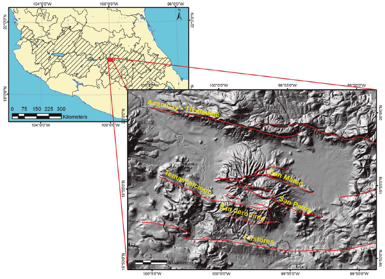 Location of the study area in the Acambay graben in Mexico and the Central Fault System.