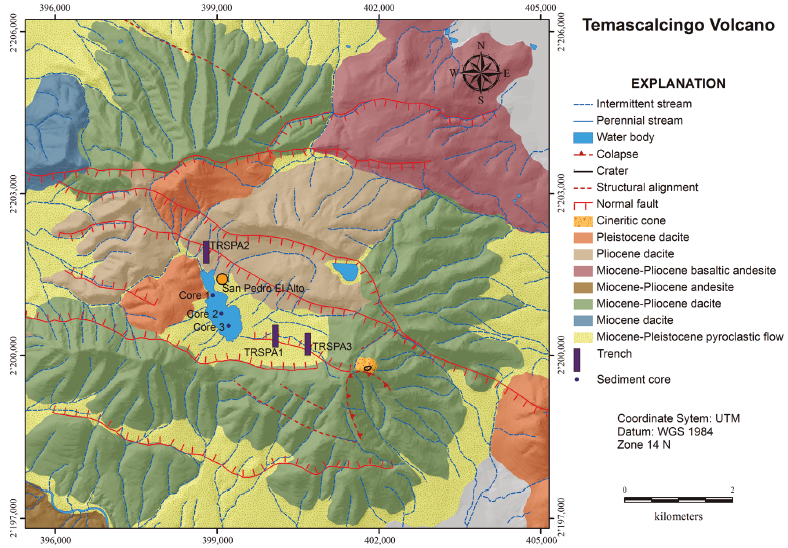 Geological map of the study area and location of trenches and cores extraction.