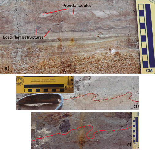 Deformational structures corresponding to: a) load-flame structures, pseudonodules and, b) and c) slump-like identified in sediments of TRSPA1.