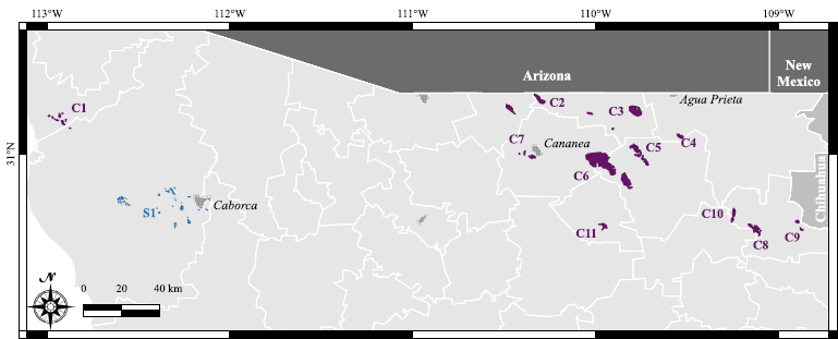 Paleozoic outcrops in northern Sonora, NW Mexico (compiled from 1:50,000 maps of the Servicio Geol&oacute;gico Mexicano and Gonz&aacute;lez-Le&oacute;n et al., 2006). Numbers indicate Carboniferous localities included in Figures 4 and 5. Color code as in Figure 1.
