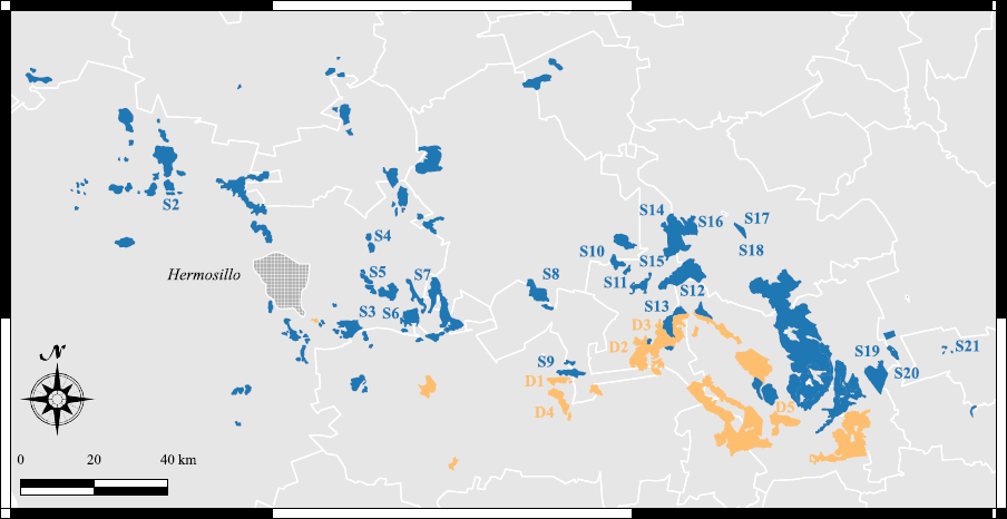 Paleozoic outcrops in central Sonora, NW Mexico (compiled from 1:50,000 maps of the Servicio Geol&oacute;gico Mexicano and Gonz&aacute;lez-Le&oacute;n et al., 2006). Numbers indicate Carboniferous localities included in Figures 4 and 5. Color code as in Figure 1.