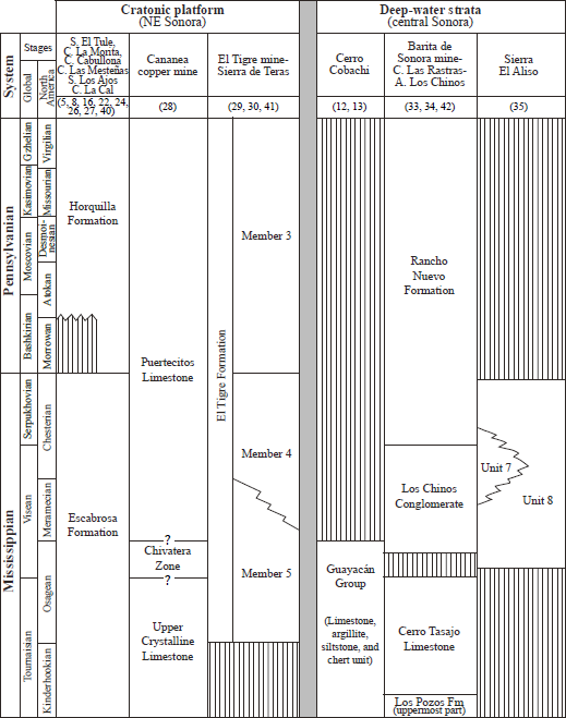 Lithostratigraphic units reported for the Carboniferous cratonic platform and deep-water rocks of Sonora. Compiled from multiple sources; numbers in parentheses indicate references (see Table 1).