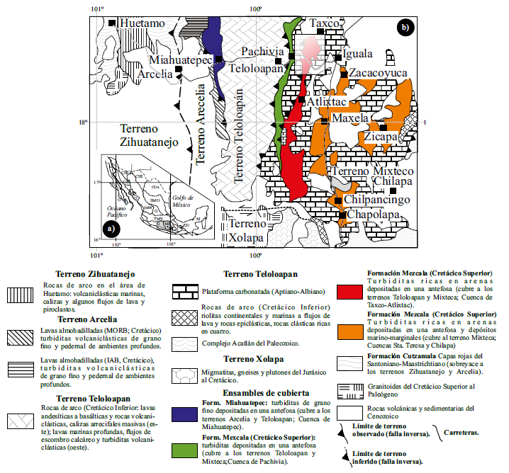 Localización del área de estudio. a) Distribución de terrenos tectono-estratigráficos de México. Tomada de Campa y Coney (1983); b) Mapa geológico detallado que muestra los límites de los terrenos que conforman al Terreno Guerrero y sus límites con los terrenos Mixteca y Xolapa. Adaptado y modificado de Centeno-García et al. (2008, 2011), con la nomenclatura propuesta por Ramírez-Espinoza et al. (1991). Abreviaturas: G: Guerrero; CHI: Chihuahua; COA: Coahuila; SMO: Sierra Madre Oriental; SMW: Sierra Madre Occidental; TMV: Cinturón Volcánico Mexicano; CA: Caborca; MI: Mixteca; J: Juárez; XO: Xolapa; O: Oaxaca; M: Maya. El recuadro en color gris denota el área trabajada en detalle.