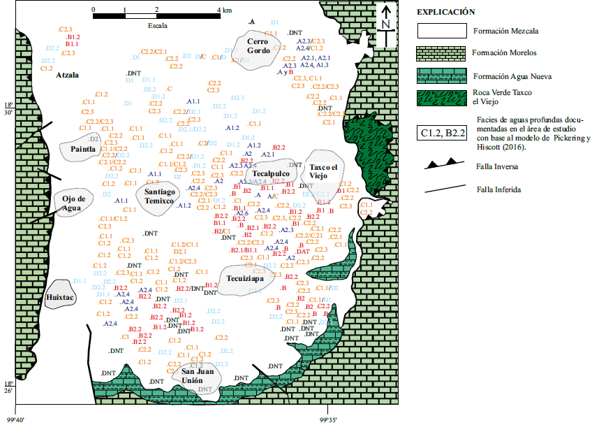 Mapa geológico de la parte norte de la cuenca de Taxco-Atlixtac, con los principales rasgos geológicos del área de estudio y las diferentes facies documentadas en este trabajo, según el esquema de facies de Pickering y Hiscott (2016).