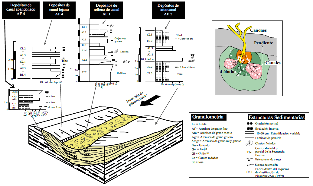Interpretación sedimentológica de las asociaciones de facies 1, 2, 3 y 4, con base en las diferentes columnas sedimentológicas-estratigráficas medidas en el área de estudio. Modelo del canal submarino tomado de Pickering y Hiscott (2016). Modelo de abanicos submarinos antiguos tomado de Mutti y Ricci-Luchi (1972). El círculo en línea punteada indica la posición de los canales documentados. Los números 1, 2, 3, 4, 5, 6, y 7 hacen referencia a las diferentes asociaciones de facies documentadas en este trabajo.
